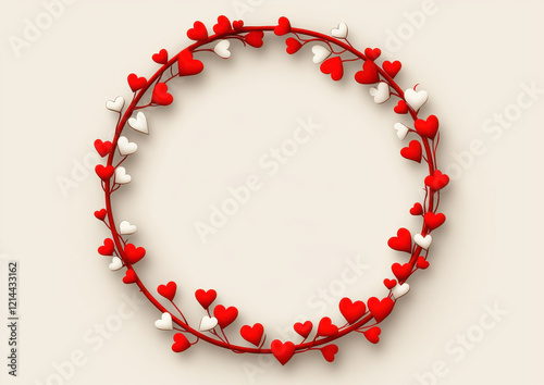 Heart shaped wreath with red and white hearts on light background