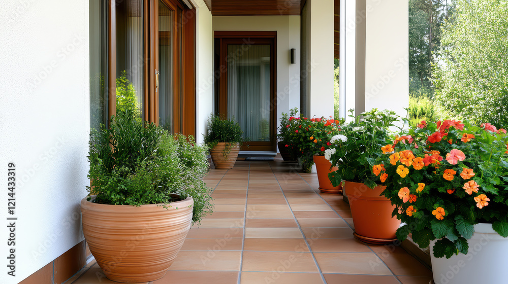 Fototapeta premium sunny terrace adorned with colorful potted flowers creates vibrant atmosphere