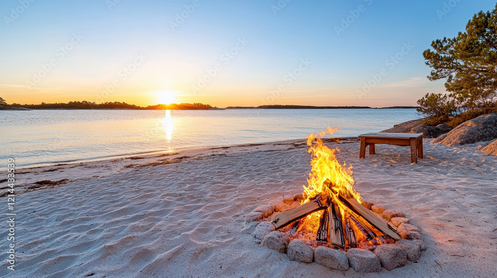 Fototapeta premium tranquil beach with glowing bonfire under beautiful sunset