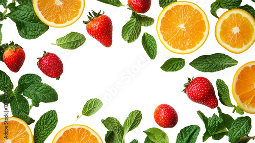 Citrus Burst with Strawberries and Mint: A vibrant and refreshing flat lay showcasing juicy orange slices, ripe strawberries, and fragrant mint leaves arranged in a captivating border.