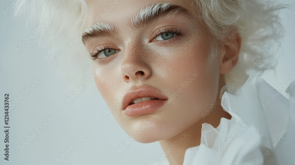 Beauty portrait of a young albino woman with bleached eyebrows and platinum blonde hair wearing a white dress Beauty portrait of a young albino woman with bleached eyebrows and platinum blonde hair wearing a white dress