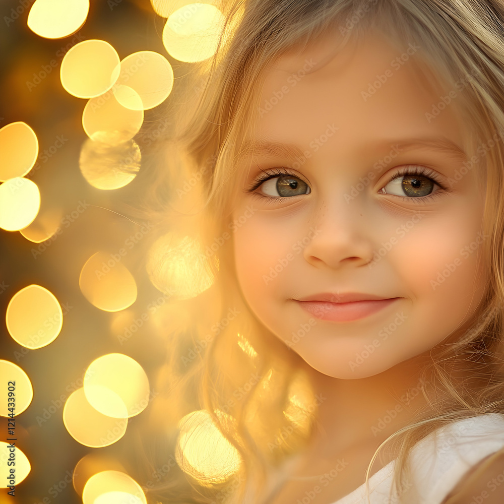 Young girl with bright eyes smiling against a backdrop of warm bokeh lights during a festive evening celebration Young girl with bright eyes smiling against a backdrop of warm bokeh lights during a festive evening celebration