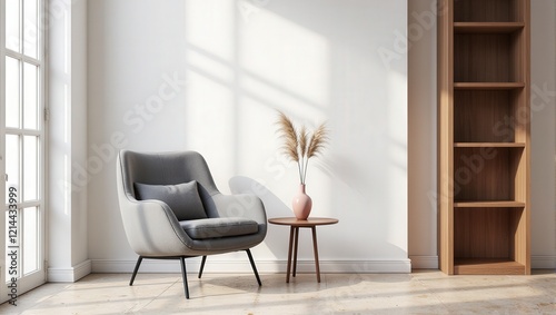 Gray armchair with plush cushion, positioned before a pristine white wall; a petite round wooden table sits nearby, creating an inviting and balanced interior vignette photo