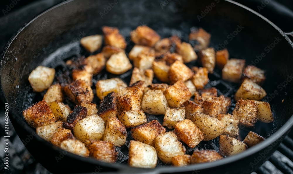 Cooking Rye croutons and potatoes on a charcoal grill Cooking Rye croutons and potatoes on a charcoal grill