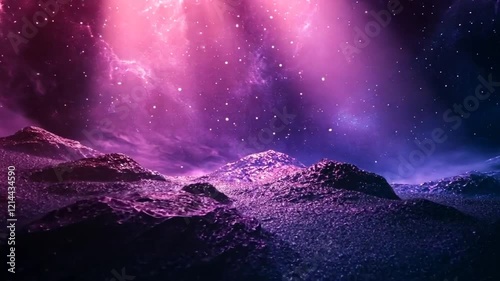 Ethereal cosmic landscape with purple hues and sparkling stars.