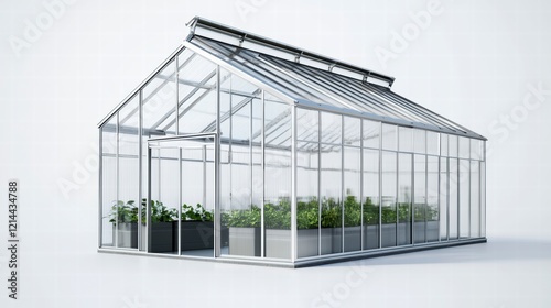 Greenhouse Haven: Modern glass greenhouse filled with lush greenery, offering a tranquil and productive space for gardening. Ideal for sustainable living and horticultural projects.  photo