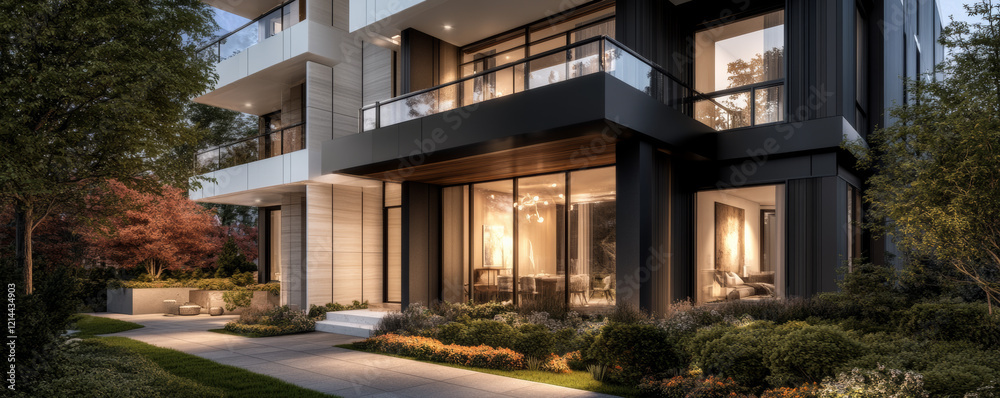 Fototapeta premium Stylish luxury home with bold black and white facade, surrounded by lush greenery and modern landscaping, showcasing elegant outdoor lighting and contemporary design