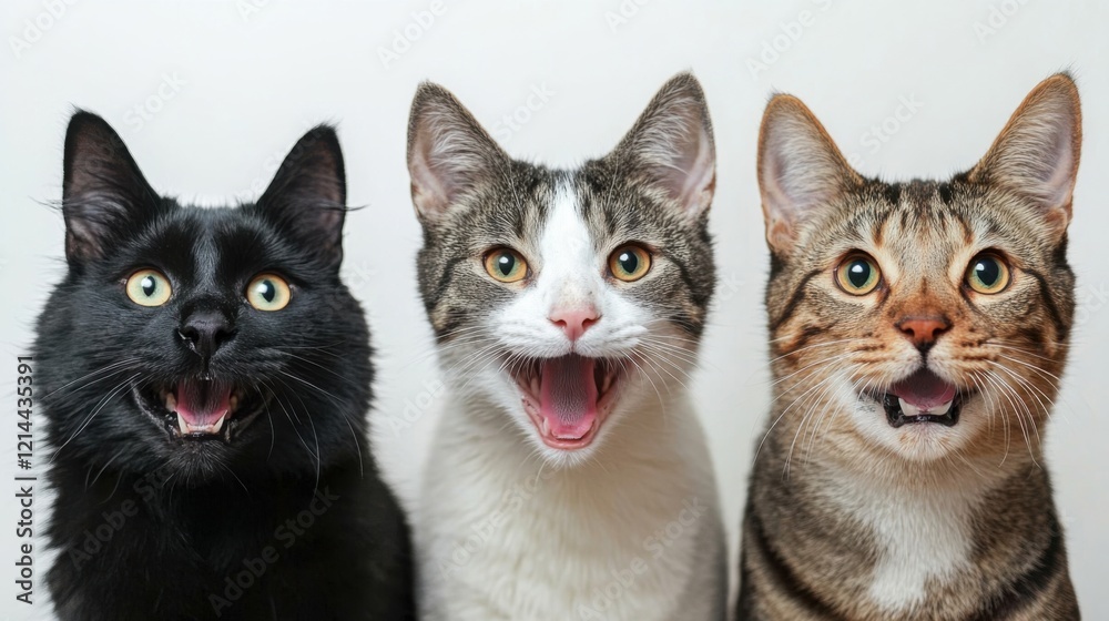 Playful Cats with Expressions on White Background Playful Cats with Expressions on White Background