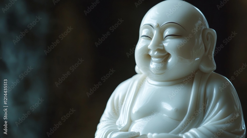 White laughing Buddha statue, revealing jubilant expression, symbolizing prosperity and happiness White laughing Buddha statue, revealing jubilant expression, symbolizing prosperity and happiness