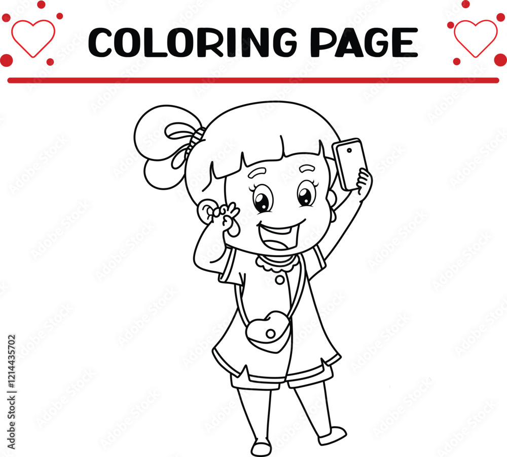 cute girl is doing pose taking selfie coloring page for kids cute girl is doing pose taking selfie coloring page for kids
