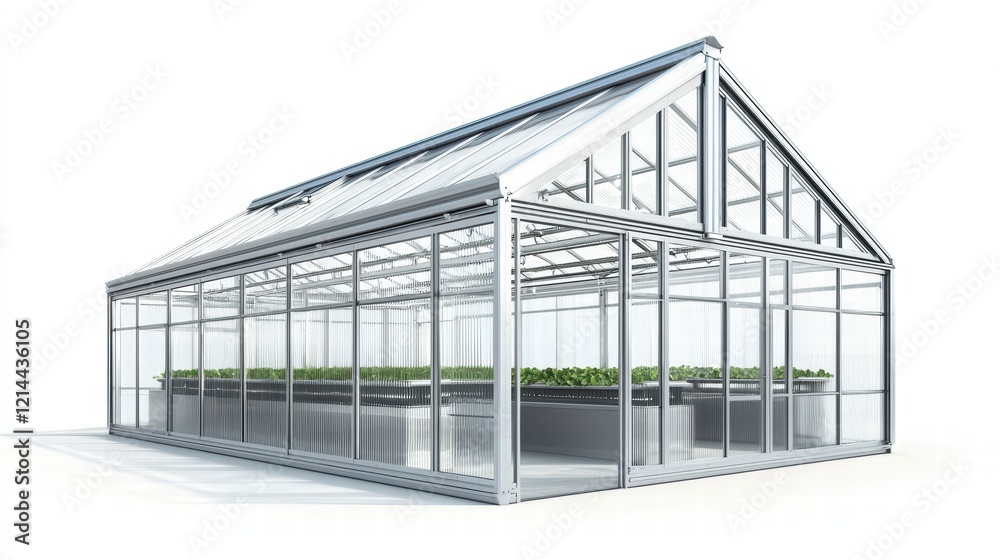 Obraz premium Glass Greenhouse: A gleaming glass greenhouse, a haven of life and growth, stands proudly against a clear sky.