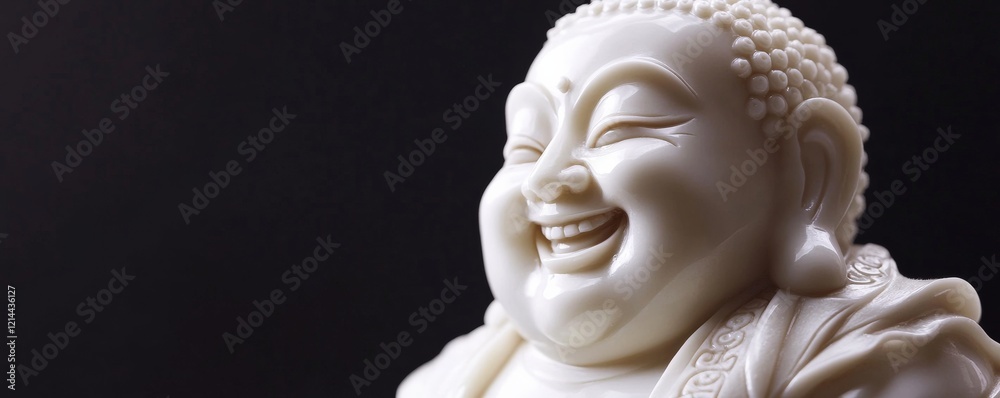 Laughing Buddha statue gleaming with happiness, sitting against deep shadowy backdrop