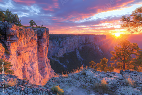 Amethyst-colored cliffs glowing under a warm topaz sunset. The rich colors blend nature's strength with a magical atmosphere photo