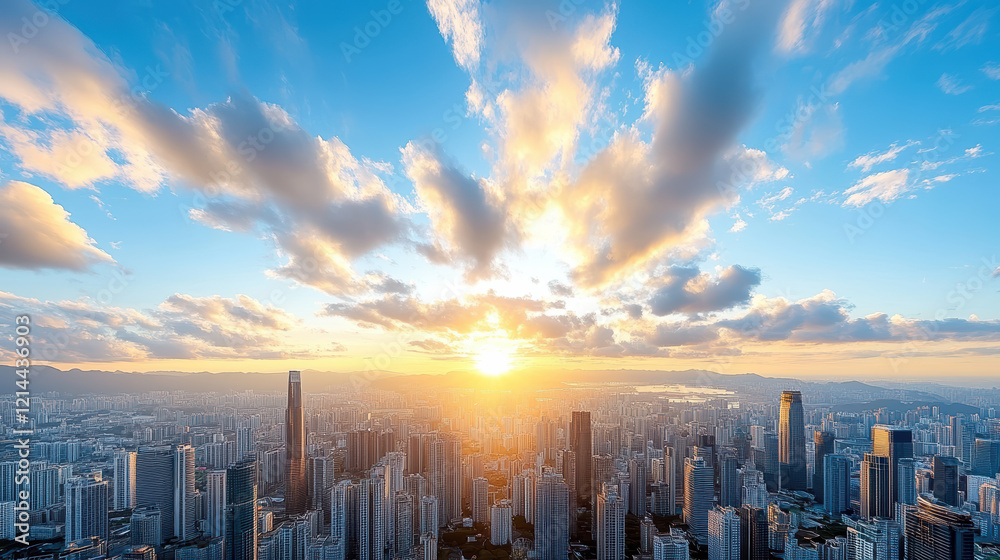 Fototapeta premium vibrant sunrise over city skyline with skyscrapers and clouds