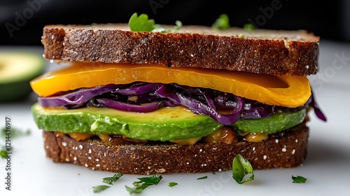 Delicious Vegan Sandwich with Avocado, Red Cabbage, and Yellow Pepper photo