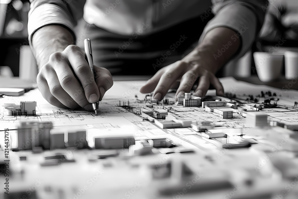 Fototapeta premium An architect working on blueprints in a modern office. A blend of precision and creativity