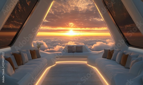 Cozy interior of a futuristic spaceship with sunset view over the clouds