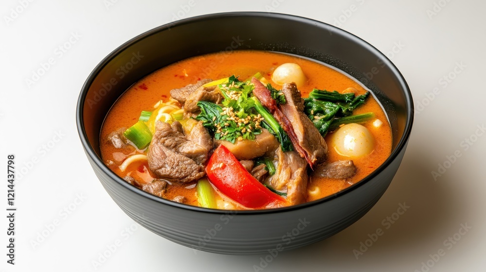 Delicious and Colorful Bowl of Spicy Noodle Soup with Tender Beef, Fresh Vegetables, and Flavorful Broth Served in a Modern Black Bowl on White Background Delicious and Colorful Bowl of Spicy Noodle Soup with Tender Beef, Fresh Vegetables, and Flavorful Broth Served in a Modern Black Bowl on White Background