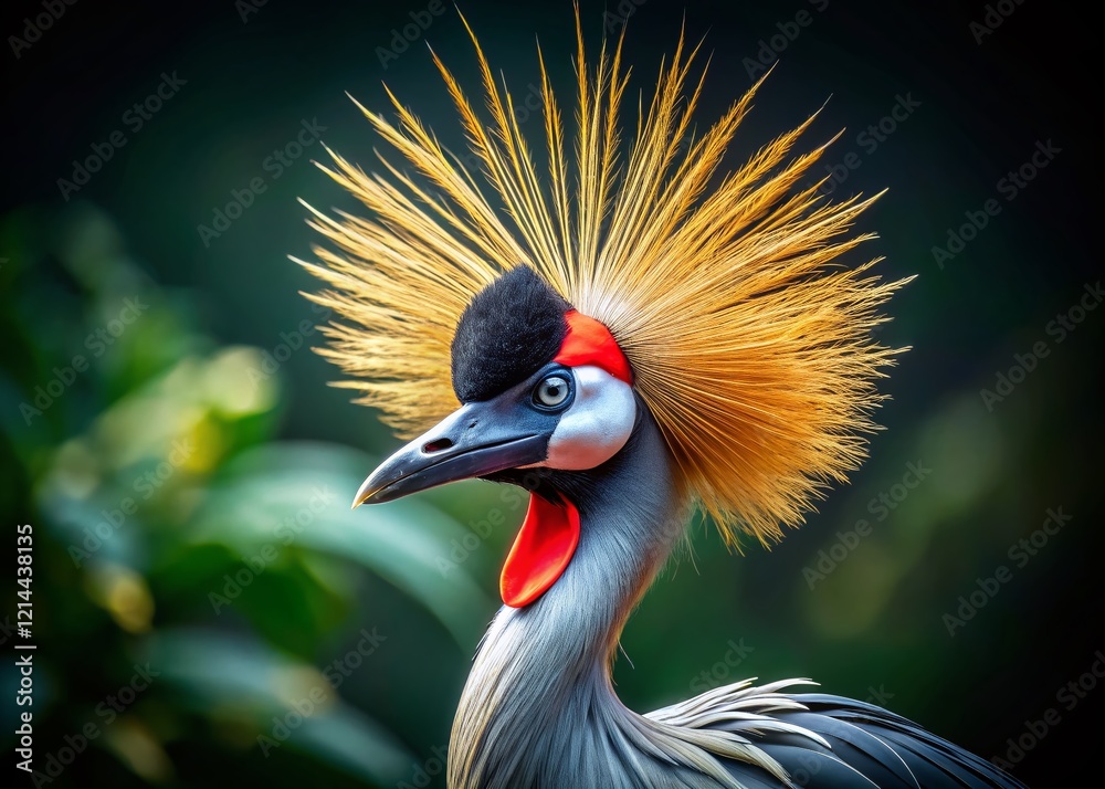 Fototapeta premium Majestic Crowned Crane: Regal Bird with Feather Crown on Dark Green Background