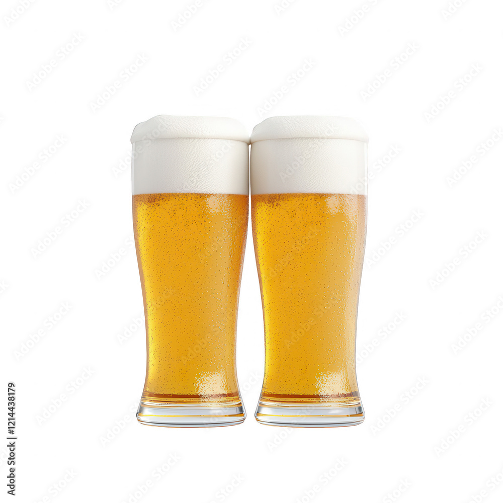 Two glasses of golden beer with frothy tops, perfect for celebration or sharing., isolated on a transparent background. Two glasses of golden beer with frothy tops, perfect for celebration or sharing., isolated on a transparent background.