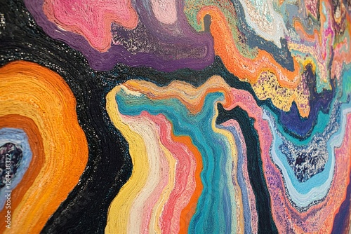 Colorful abstract artwork with swirling patterns displayed in a contemporary gallery setting