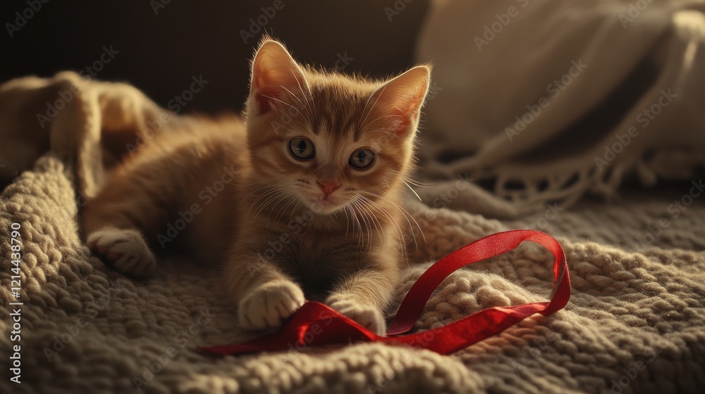 Playful Kitten with Ribbon on Soft Blanket in Cozy Room Playful Kitten with Ribbon on Soft Blanket in Cozy Room