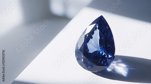 Un diamante blu a forma di goccia posizionato su un tavolo bianco