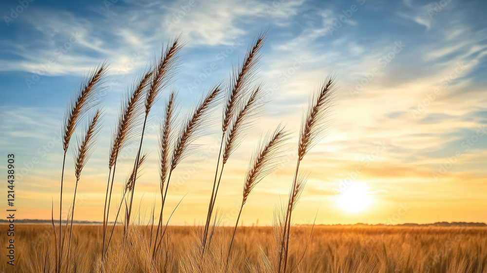 Fototapeta premium vibrant sunset over field of wheat swaying in breeze