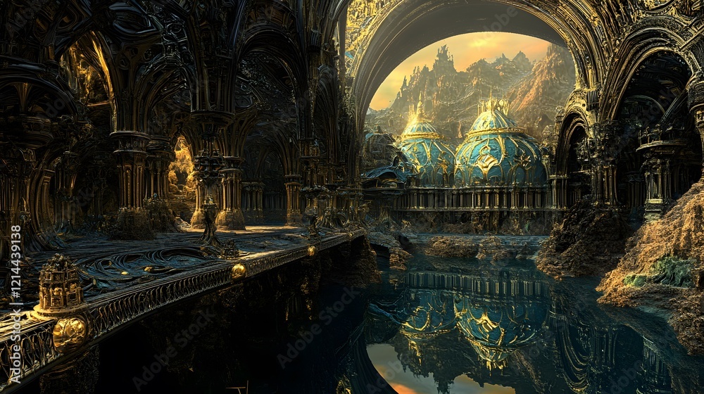 Obraz premium Gothic Fantasy Architecture Golden Cityscape Dark Water Reflection