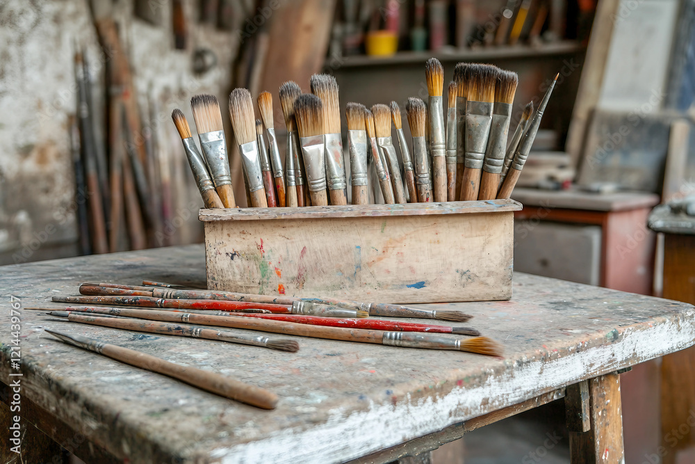 Generative AI image of a classic artist's studio with brushes, tools, and a wooden worktable in natural light Generative AI image of a classic artist's studio with brushes, tools, and a wooden worktable in natural light