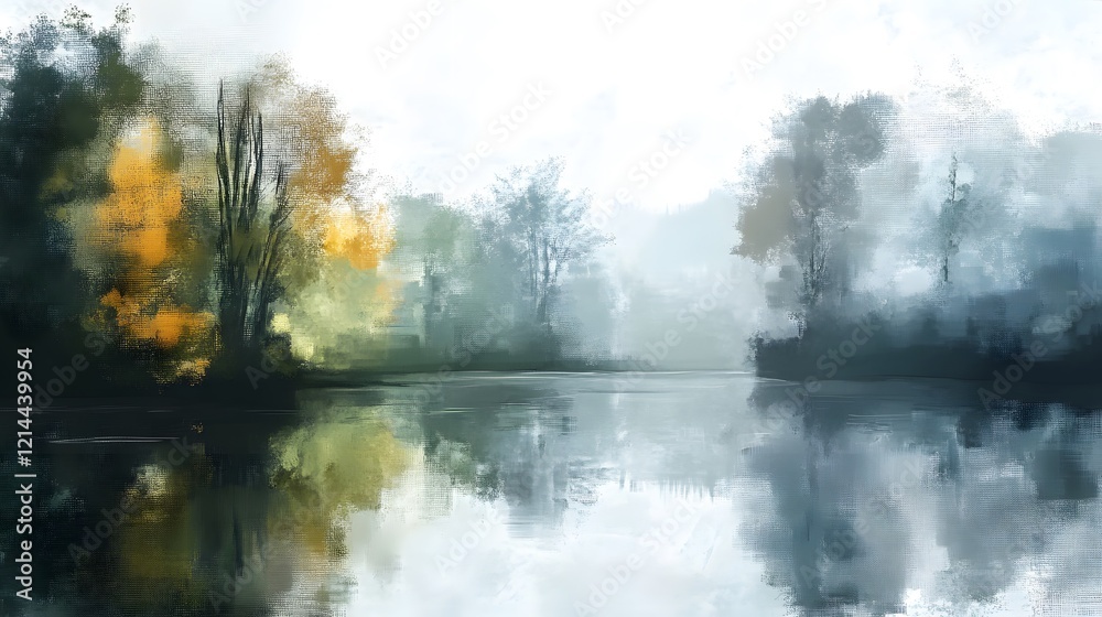 Serene Autumn Lake Misty Reflections of Trees Serene Autumn Lake Misty Reflections of Trees