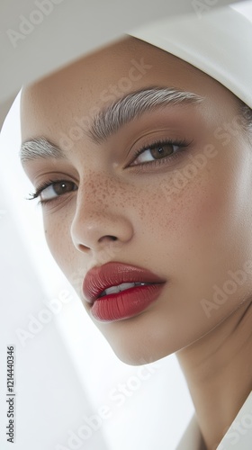 Close-up portrait of a fashion model showcasing bleached eyebrows and vibrant red lipstick, creating a striking contrast