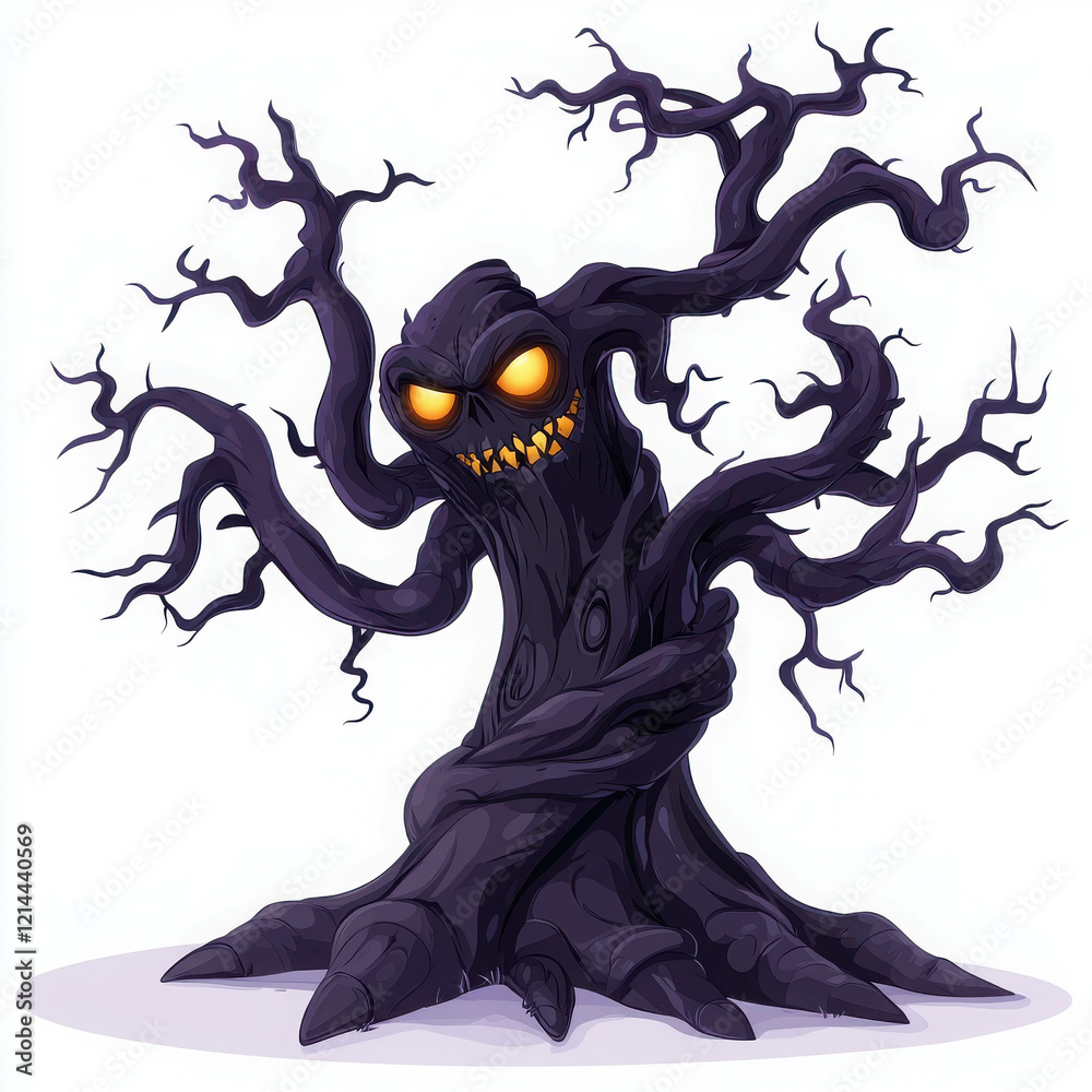 Fototapeta premium Twisted Dark Cartoon Tree with Monstrous Face and Sinister Glow in a Whimsical Style