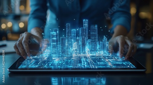 Professional viewing a digital blueprint of urban infrastructure on a tablet, emphasizing smart city planning and modern city design.