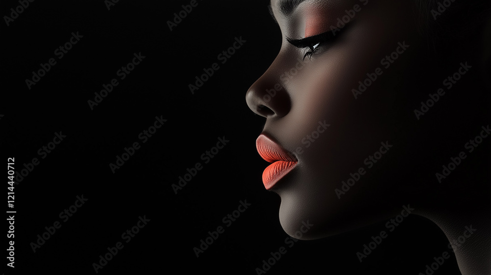 Elegant woman in profile with soft coral lips and dramatic makeup, set against a minimalist black background Elegant woman in profile with soft coral lips and dramatic makeup, set against a minimalist black background