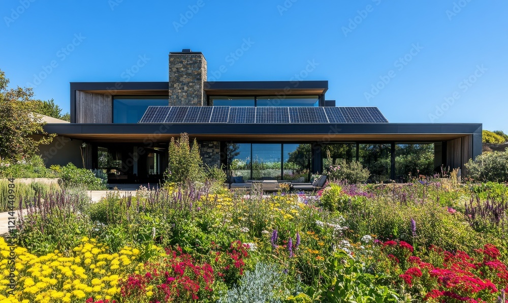Fototapeta premium Contemporary home with solar panels and vibrant garden under clear blue sky