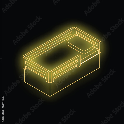 Neon yellow isometric single bed frame glowing on black background, ideal for sleep and rest related concepts