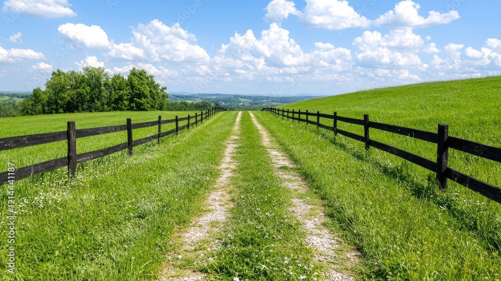 Countryside road between fences, green hills, summer day. Ideal for travel or nature publications Countryside road between fences, green hills, summer day. Ideal for travel or nature publications
