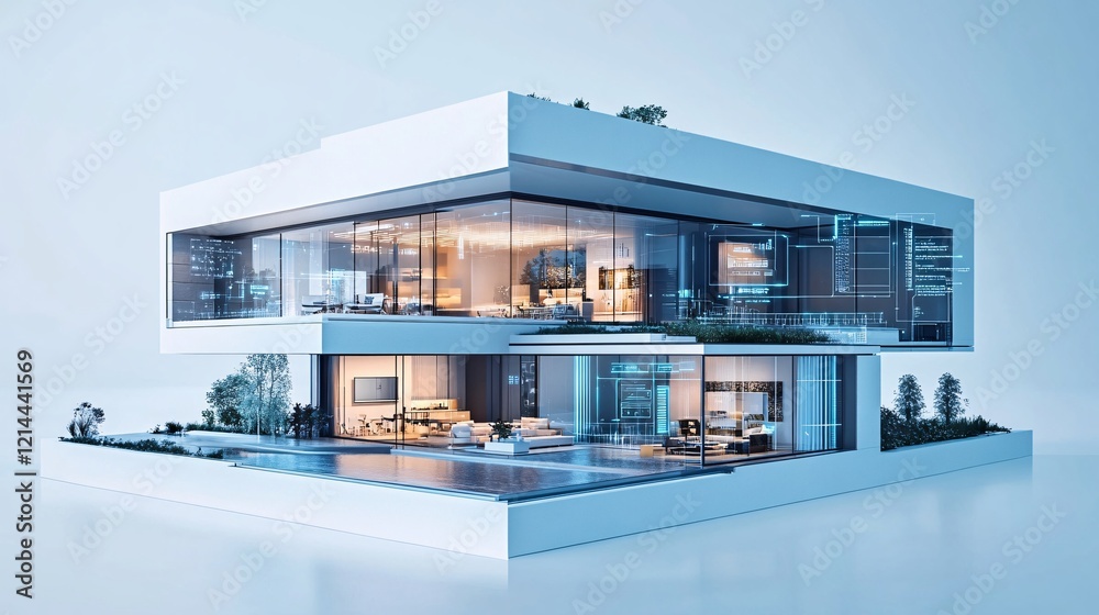 Futuristic smart home technology integrated into a smart building, displayed with advanced systems and automation features on a clean, isolated background.