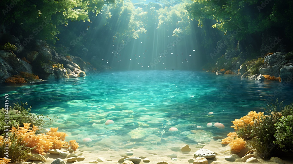 A serene hidden lagoon nestled in a lush, verdant forest, bathed in sunlight filtering through the canopy, with crystal clear turquoise waters and a sandy bottom.