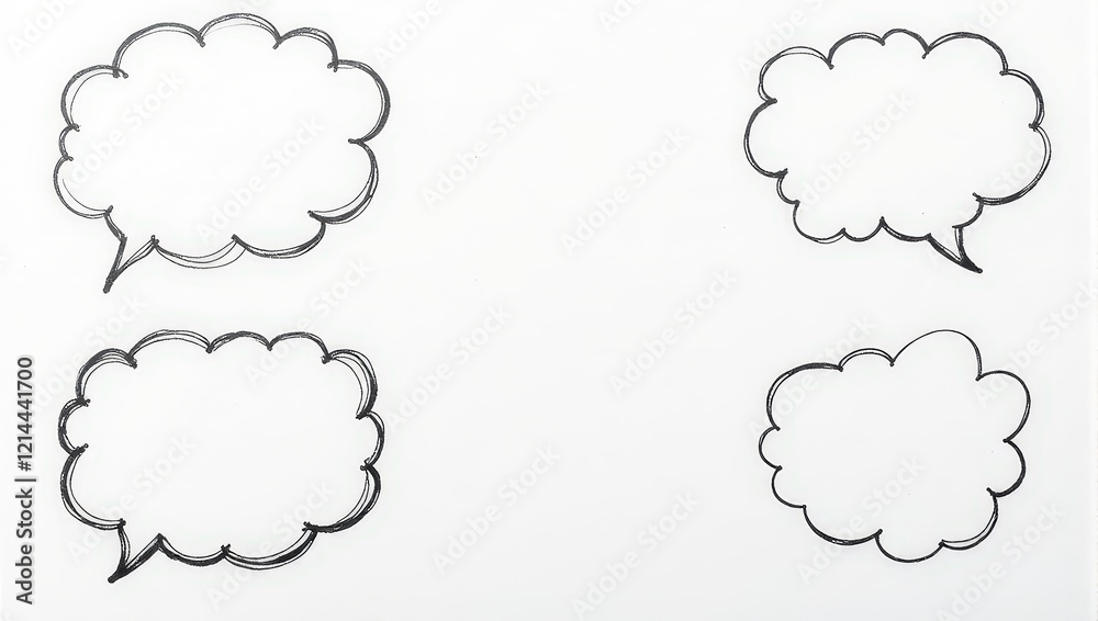 Four charming, hand-drawn speech bubbles align across a pristine white canvas, inviting stories to fill their voids. Gaps invite imagination amidst serene emptiness. Four charming, hand-drawn speech bubbles align across a pristine white canvas, inviting stories to fill their voids. Gaps invite imagination amidst serene emptiness.
