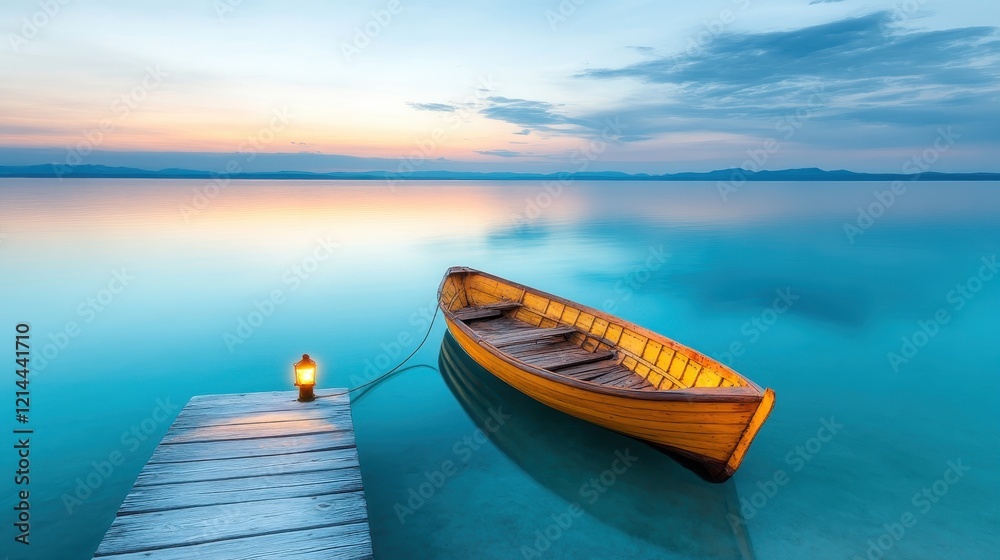 Naklejka premium A stunning twilight scene of a solitary wooden rowboat gracefully resting on calm waters, with soft hues of blue and orange illuminating the serene atmosphere.
