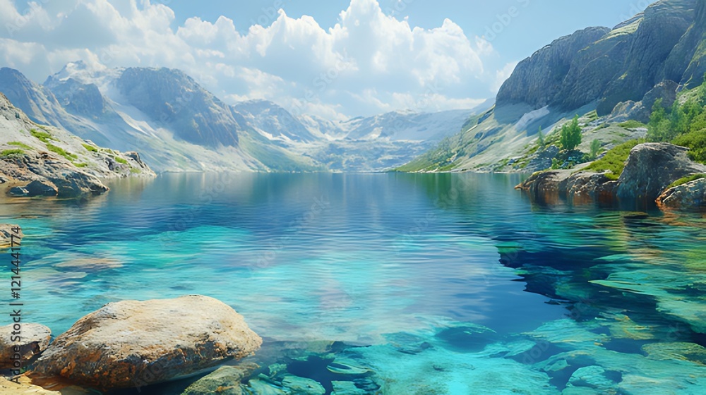 A serene mountain lake with crystal clear water reflecting the blue sky and fluffy clouds.