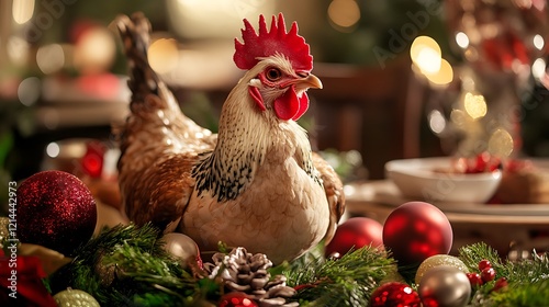 A stuffed hen in a festive holiday theme