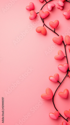 Heart shaped decorations on pink background with romantic and cheerful vibe