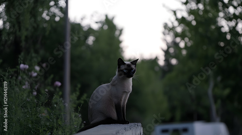 Serene Siamese Cat Sitting on Wall in Lush Green Environment