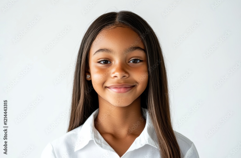 A young African girl bright smile stands out against a white background, highlighting her natural beauty and pure innocence in this charming portrait. A young African girl bright smile stands out against a white background, highlighting her natural beauty and pure innocence in this charming portrait.