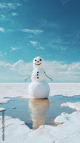 Snowman melting in a puddle of water in the middle of a surreal sunny and warm winter landscape