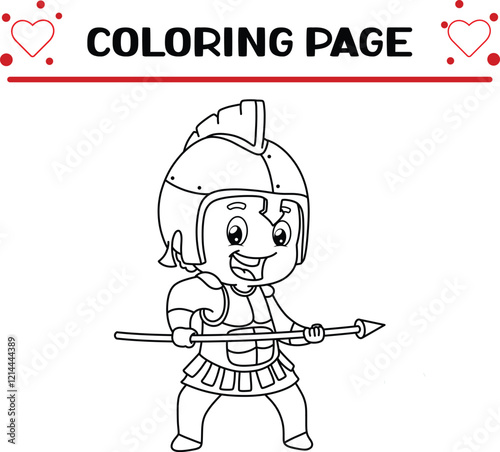 strong warrior boy with armor is holding spear coloring page for kids