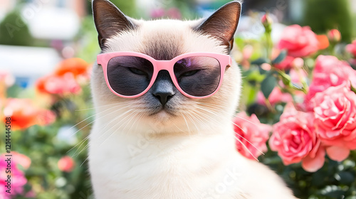 Stylish Cat Wearing Pink Sunglasses in Blooming Flower Garden